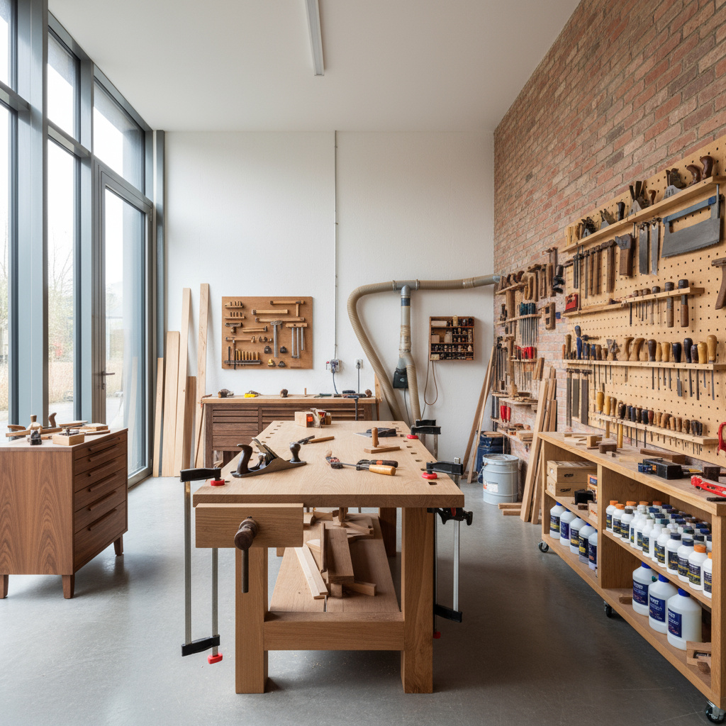 Werkstatt von Crafto Woodworks Graz mit Massivholztisch in Arbeit
