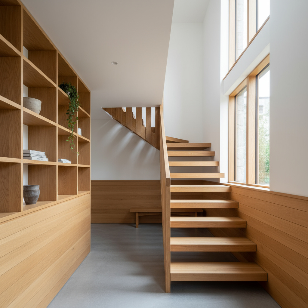 Innenausbau mit Regalen, Wandverkleidungen und Holztreppe